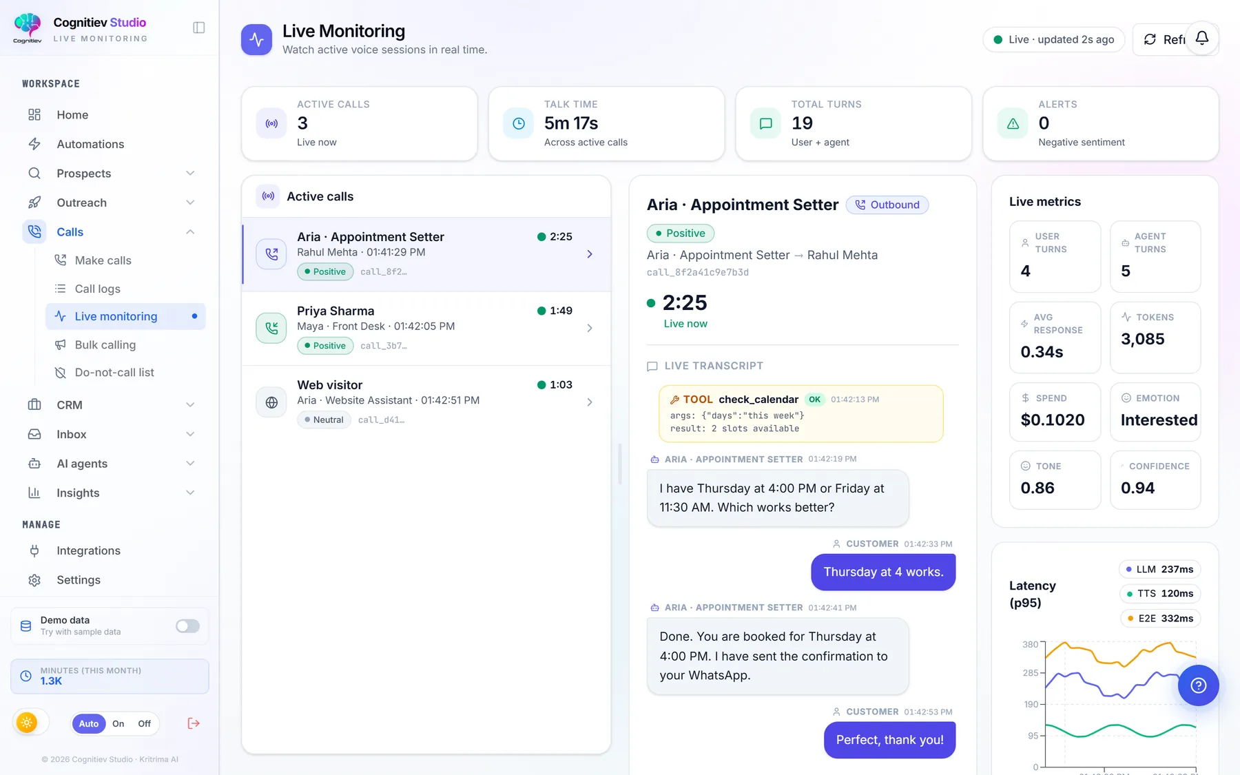Cognitiev Studio Live Monitoring: active calls, live transcript, sentiment and latency